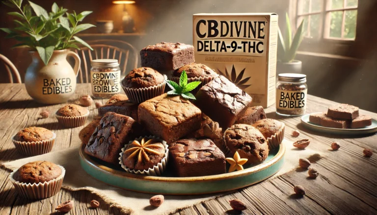 DALL·E 2025-01-27 13.49.06 – A photorealistic image of CBDivine Delta-9-THC baked edibles, showcasing a variety of treats such as brownies, cookies, and muffins, displayed on an e
